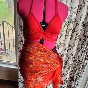 Red Halter Bikini Top with Floral Sarong
